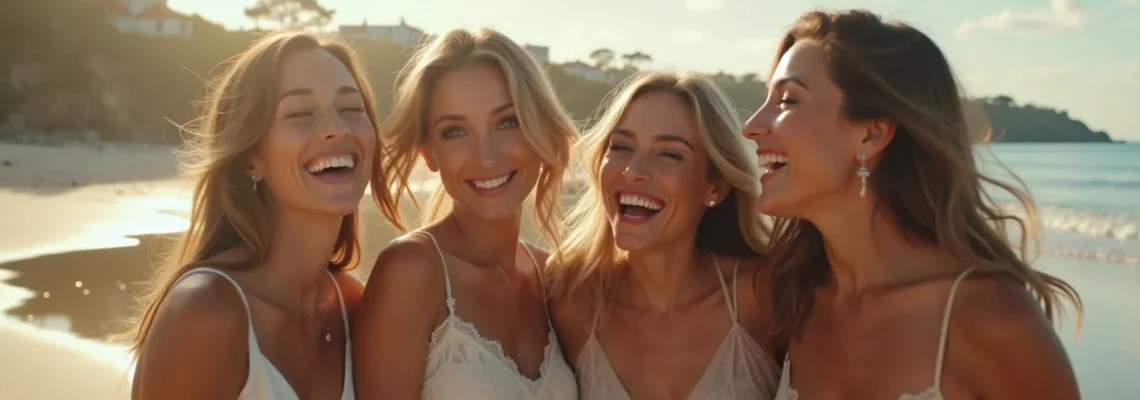 Groupe de femmes souriantes sur une plage normande, célébrant un EVJF avec une ambiance joyeuse entre histoire et nature
