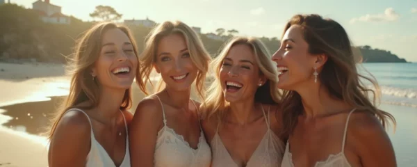Groupe de femmes souriantes sur une plage normande, célébrant un EVJF avec une ambiance joyeuse entre histoire et nature