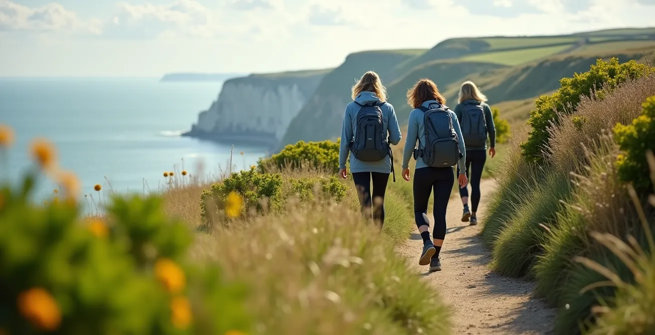 Groupe d’amies en randonnée sur un sentier côtier normand entouré de nature préservée