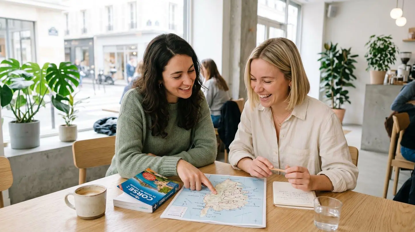 Deux personnes consultant ensemble un guide de voyage de la Corse à une table de café moderne, interaction naturelle, ambiance préparation voyage
