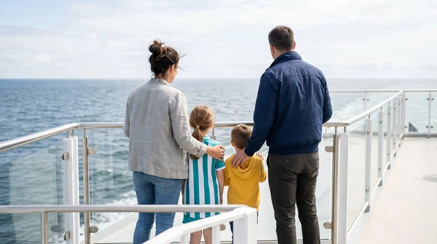 Famille avec deux enfants sur le pont d'un ferry, observant l'horizon méditerranéen de dos, ambiance voyage détendue en plein jour