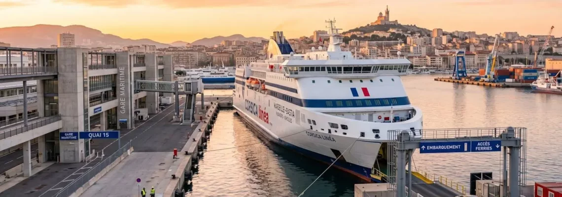 Ferry amarré au port méditerranéen français au lever du soleil, infrastructure portuaire moderne, ambiance maritime matinale