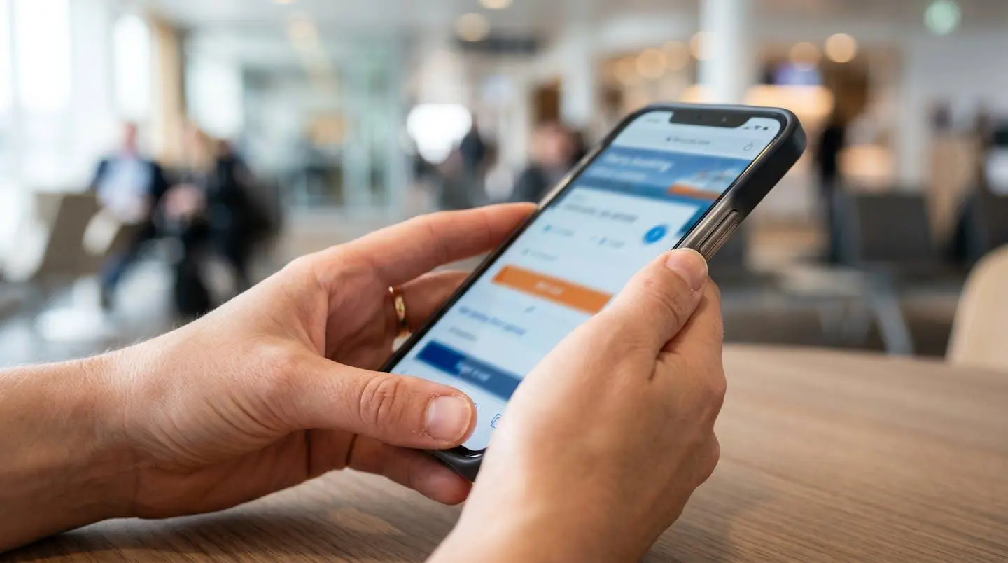 Gros plan sur des mains tenant un smartphone affichant une interface de réservation de ferry totalement floutée, sur une surface moderne